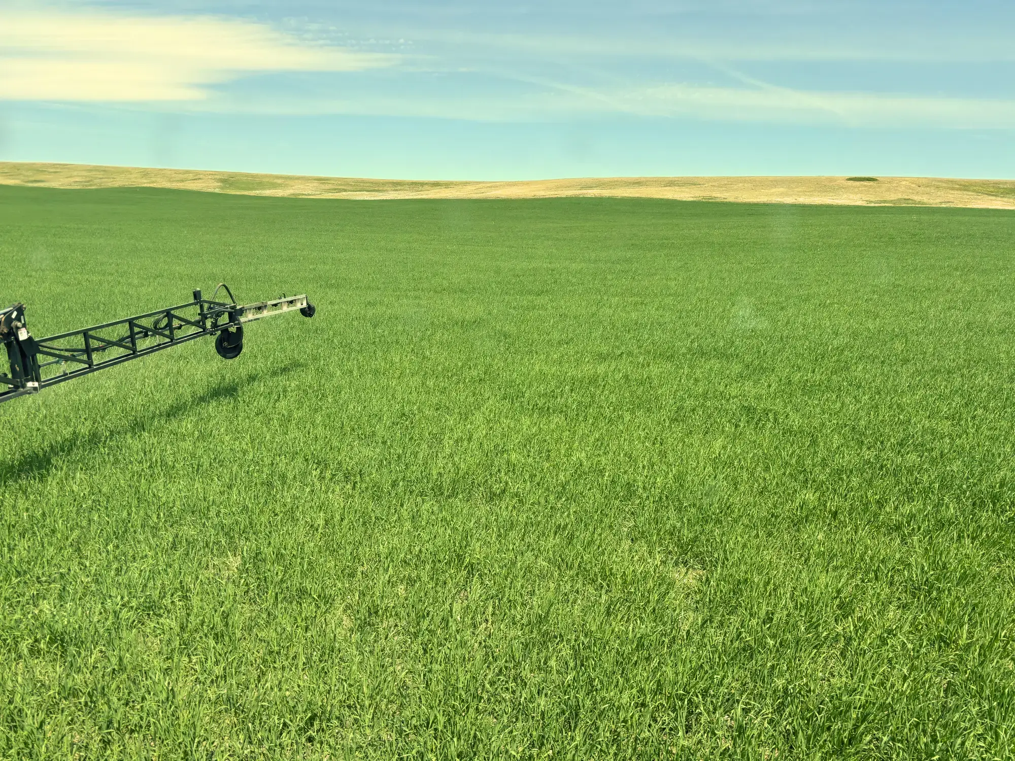 A field sprayer applying a foliar pass over a green crop